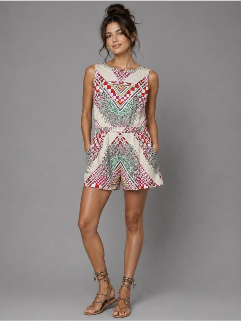 MARA HOFFMAN Womens S Colorful Rainbow Geometric Print Short Romper Sleeveless